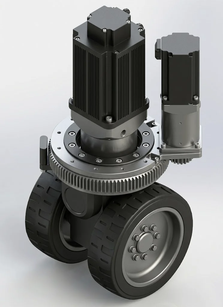 Kết xuất sản phẩm của một cụm bánh xe lái-truyền động robot cao cấp với bánh xe gai màu đen kép và động cơ điện kép.