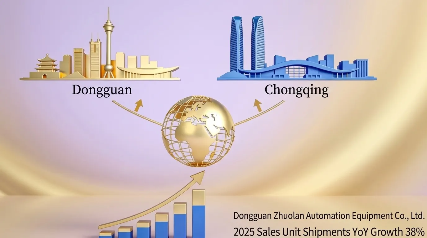 A graphic showing golden city skylines for Dongguan and blue skylines for Chongqing connected by arrows to a golden wireframe globe, with a rising bar chart below.