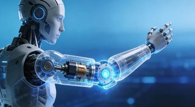 Side profile of a humanoid robot torso and arm with internal mechanics visible through a transparent casing.