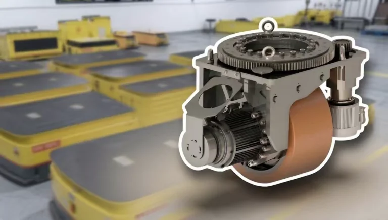 An industrial warehouse with AGV robots, featuring a cutaway overlay of a motorized steer-drive unit with a polyurethane wheel and slewing gear.