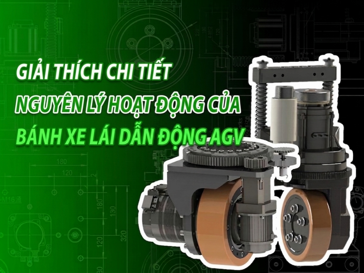Hai mô-đun bánh lái dẫn động AGV hạng nặng với con lăn màu nâu nhạt trên nền bản vẽ kỹ thuật màu xanh lá cây.
