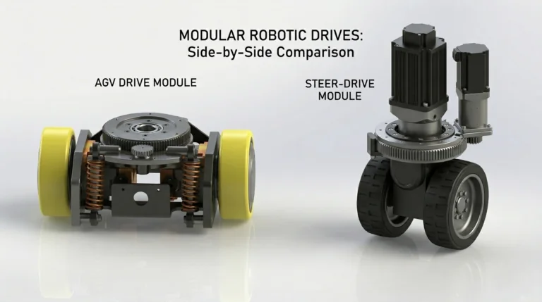 Side-by-side product rendering comparing a low-profile drive mechanism with yellow wheels and a taller assembly with black wheels.