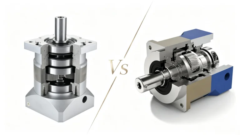 Cutaway comparison of two high-precision planetary gearboxes, showing internal gears, bearings, and output shafts.