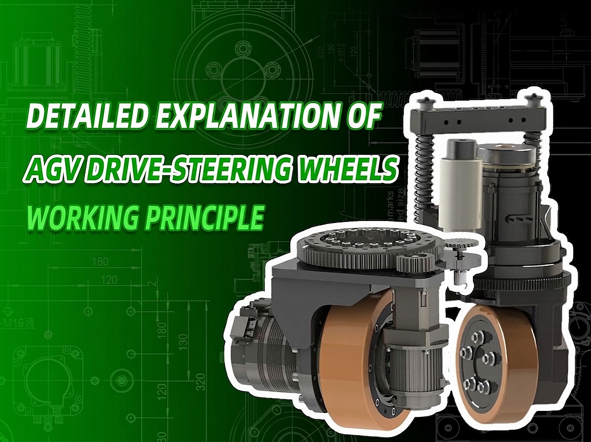 Two heavy-duty AGV drive-steering wheel modules with tan rollers against a green technical blueprint background.