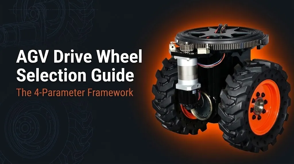 Dual-wheel AGV drive unit with tractor tires, a central steering ring, and an attached vertical motor.