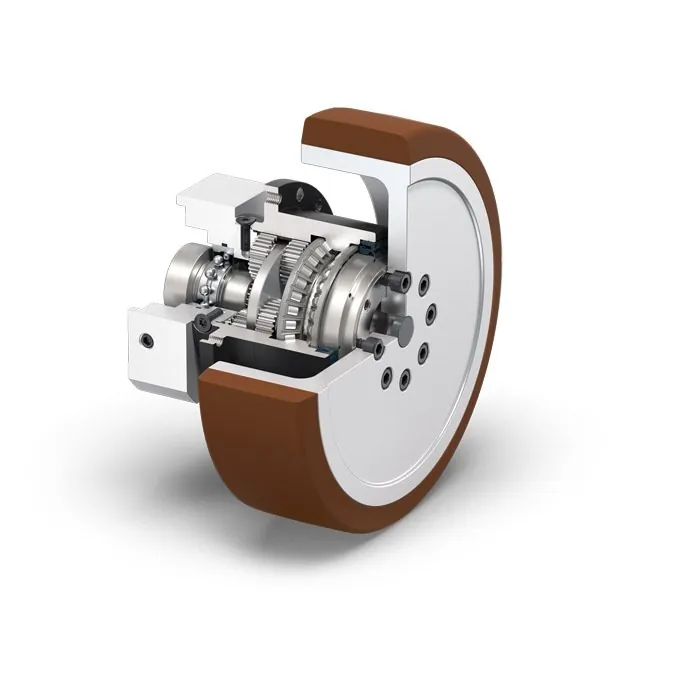 A 3D technical cutaway view revealing the internal planetary gear system, bearings, and shaft assembly inside a hub-mounted wheel with a polyurethane tire.