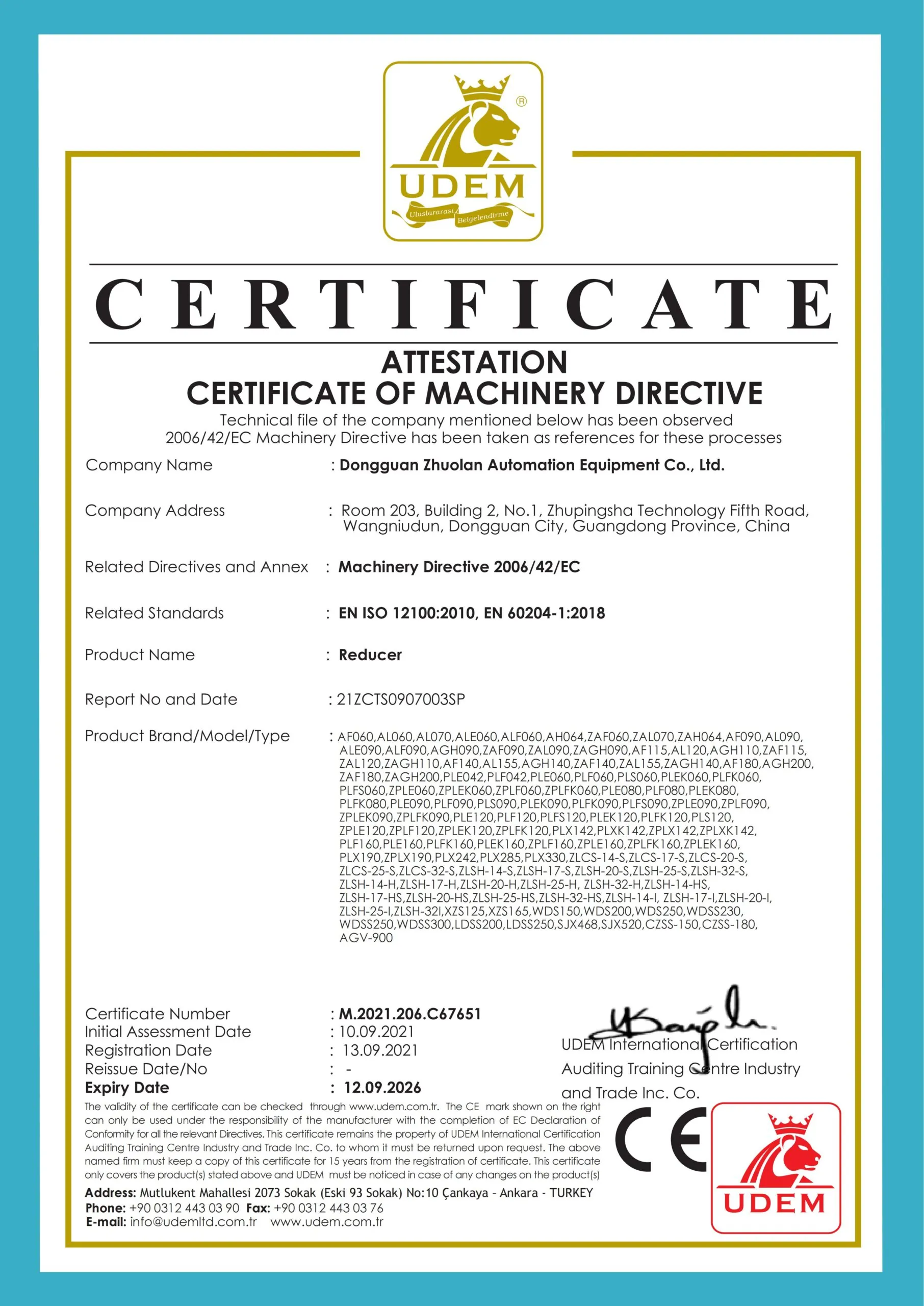 A "CERTIFICATE OF MACHINERY DIRECTIVE" from UDEM, with a gold border and a blue background. The certificate details product information and an expiry date of "12.09.2026".
