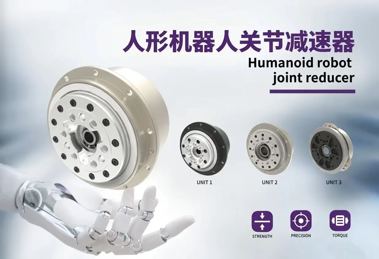 A white robotic hand holding a high-precision joint reducer with three additional gear units shown alongside icons.