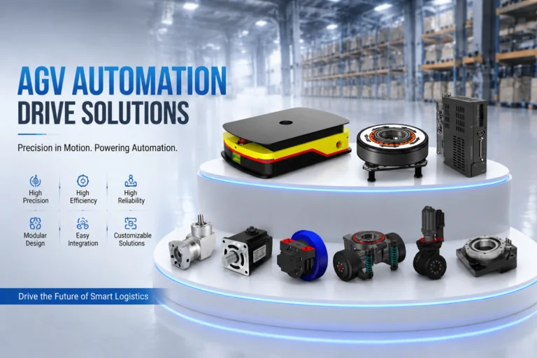 Một chiếc xe AGV, bánh xe dẫn động, hộp số và động cơ công nghiệp được trưng bày trên một bệ nhiều tầng trong nhà kho.
