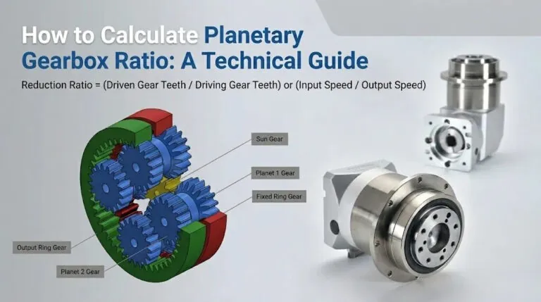 A technical diagram showing the internal components of a planetary gearbox, including the sun gear, planet gears, and ring gear, alongside the formula for calculating reduction ratio.