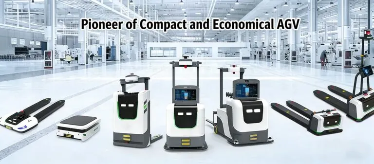 Display of a diverse family of compact and economical AGV robots, including pallet trucks and stackers, in a bright modern factory setting.