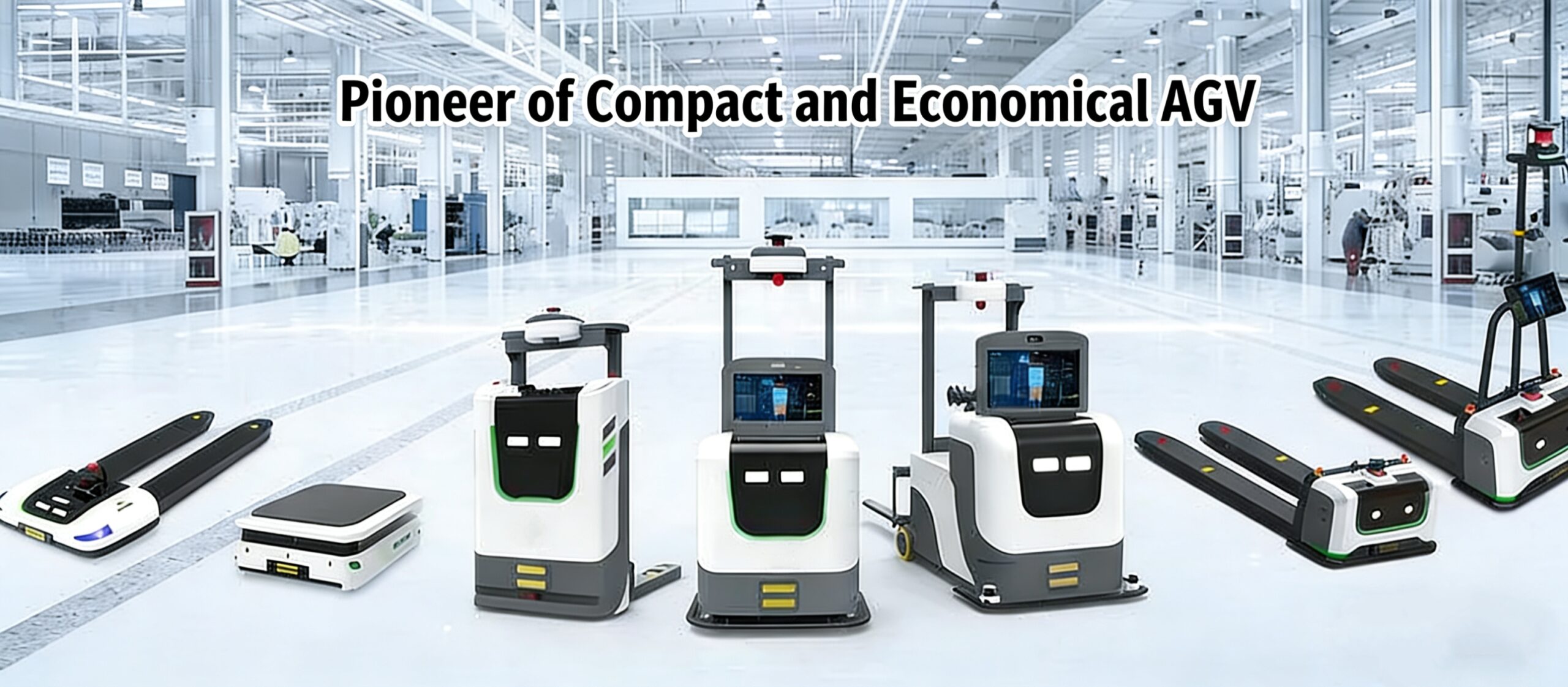 Display of a diverse family of compact and economical AGV robots, including pallet trucks and stackers, in a bright modern factory setting.