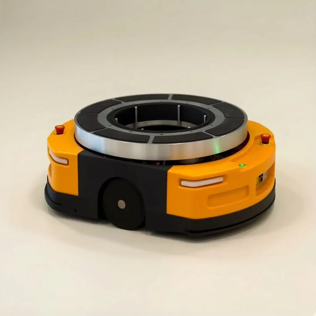 Low-profile yellow and black automated mobile robot with a circular rotating top platform on a white background.