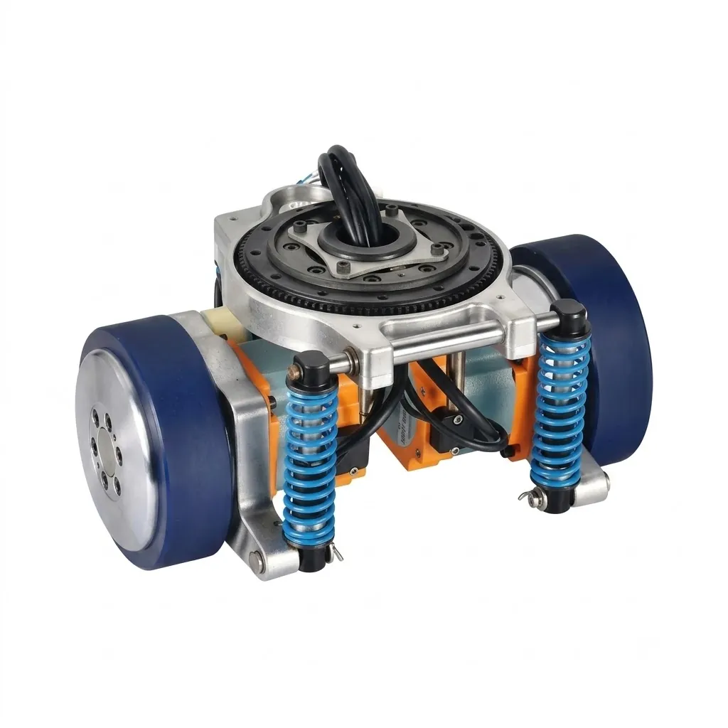 Dual-wheel AGV drive unit featuring blue wheels, a central steering gear, and two blue suspension springs.