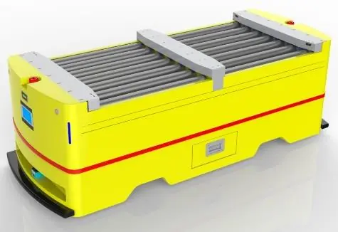Double Row Roller Docking AGV (TL-GT-600SX-001) with a yellow body and a double row roller conveyor.