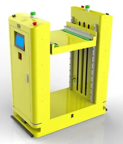 SMT Synchronous Belt Up-Down Lifting Docking AGV (TL-SMT-1255SX-001) with a yellow frame and two belt conveyors.