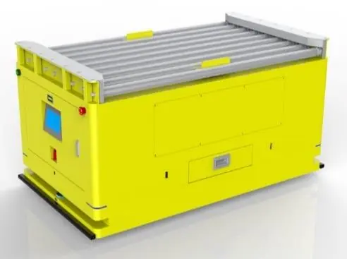 Bidirectional Roller Docking AGV (TL-GT-780SX-001) with a yellow body and a top roller conveyor.