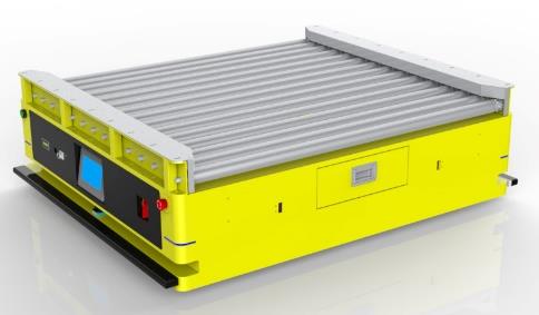 Bidirectional Roller Docking AGV (TL-GT-420SX-001) with a yellow body and a top roller conveyor.