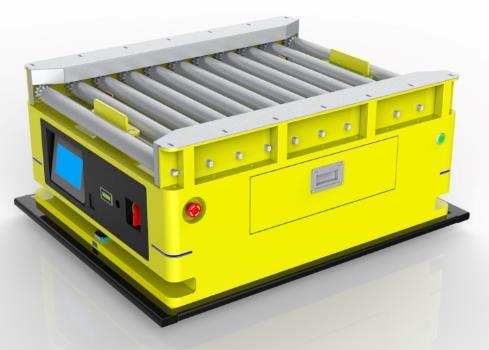 Bidirectional Roller Docking AGV (TL-GT-420SX-001) with a yellow body and a top roller conveyor.