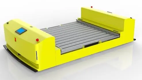 Dual-wheel Roller Docking AGV (TL-GT-240DL-001) with a yellow body and a top roller conveyor.