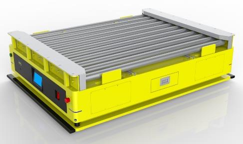 Dual-wheel Roller Docking AGV (TL-GT-460DL-001) with a yellow body and a top roller conveyor.
