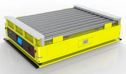 Dual-wheel Roller Docking AGV (TL-GT-460DL-001) with a yellow body and a top roller conveyor.