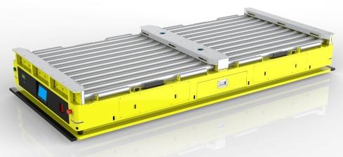 Dual-wheel Double Row Roller Docking AGV (TL-SGT-380DL-001) with a yellow body and a double row roller conveyor.