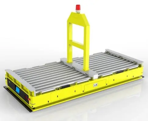 Dual-wheel Double Row Roller Docking AGV (TL-SGT-380DL-002) with a yellow body, a double row roller conveyor, and a red light.
