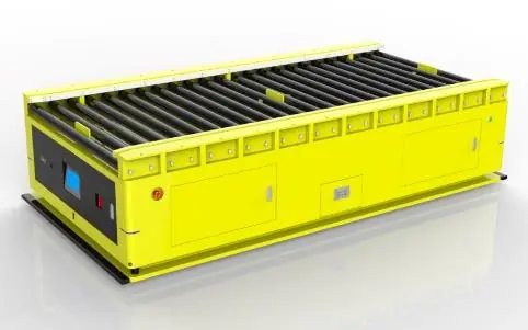 Dual-wheel Roller Docking AGV (TL-GT-650DL-001) with a yellow body and a top roller conveyor.
