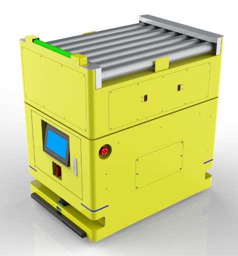 2D Code Navigation Roller Docking AGV (TL-GT-810EW-001) with a yellow body and a top roller conveyor.