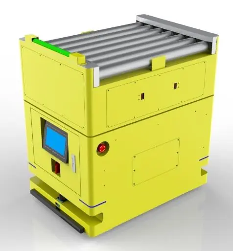 2D Code Navigation Roller Docking AGV (TL-GT-810EW-001) with a yellow body and a top roller conveyor.