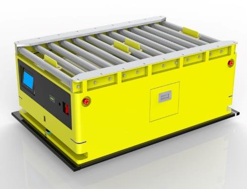 2D Code Navigation Roller Docking AGV (TL-GT-600EW-001) with a yellow body and a top roller conveyor.