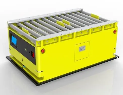 2D Code Navigation Roller Docking AGV (TL-GT-600EW-001) with a yellow body and a top roller conveyor.