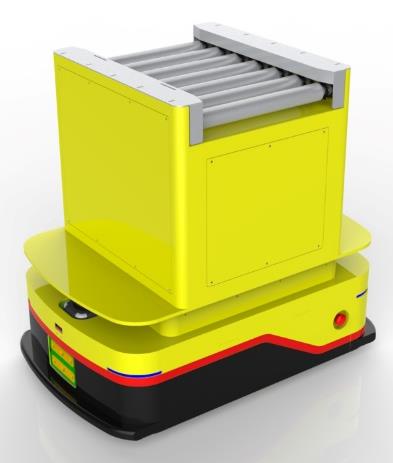 Laser SLAM Navigation Roller Docking AGV (TL-GT-700SL-001) with a yellow body and a top roller conveyor.