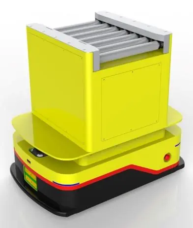 Laser SLAM Navigation Roller Docking AGV (TL-GT-700SL-001) with a yellow body and a top roller conveyor.