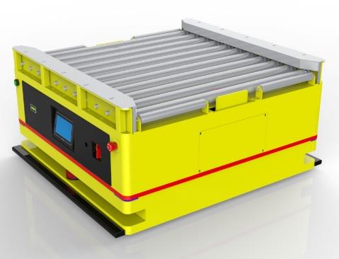 Laser SLAM Navigation Roller Docking AGV (TL-GT-550SL-001) with a yellow body and a top roller conveyor.