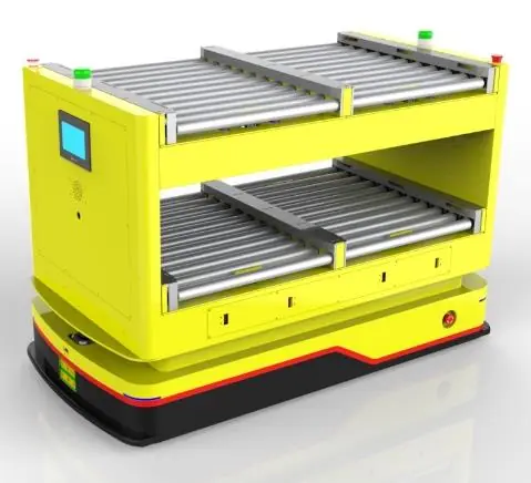 Laser SLAM Navigation Roller Docking AGV (TL-4GT-1000SL-001) with a yellow body and two roller conveyors.
