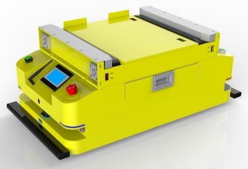 Bidirectional Tank Chain Docking AGV (TL-TK-360SX-001) with a yellow body, a blue screen, and side tank chains.