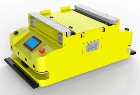 Bidirectional Tank Chain Docking AGV (TL-TK-360SX-002) with a yellow body, a blue screen, and side tank chains.