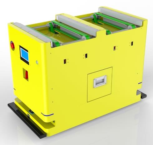Bidirectional Synchronous Belt Docking AGV (TL-TB-850SX-001) with a yellow body and a top belt conveyor.