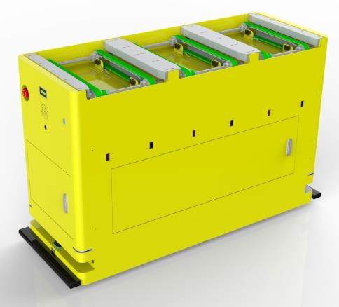 Bidirectional Synchronous Belt Docking AGV (TL-TB-850SX-002) with a yellow body and a top belt conveyor.