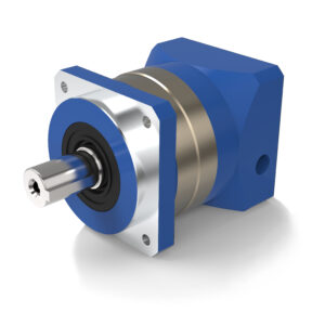 A 3D rendering of a blue and silver right-angle planetary gearbox with a square output flange and a smooth output shaft, casting a shadow on a white background.