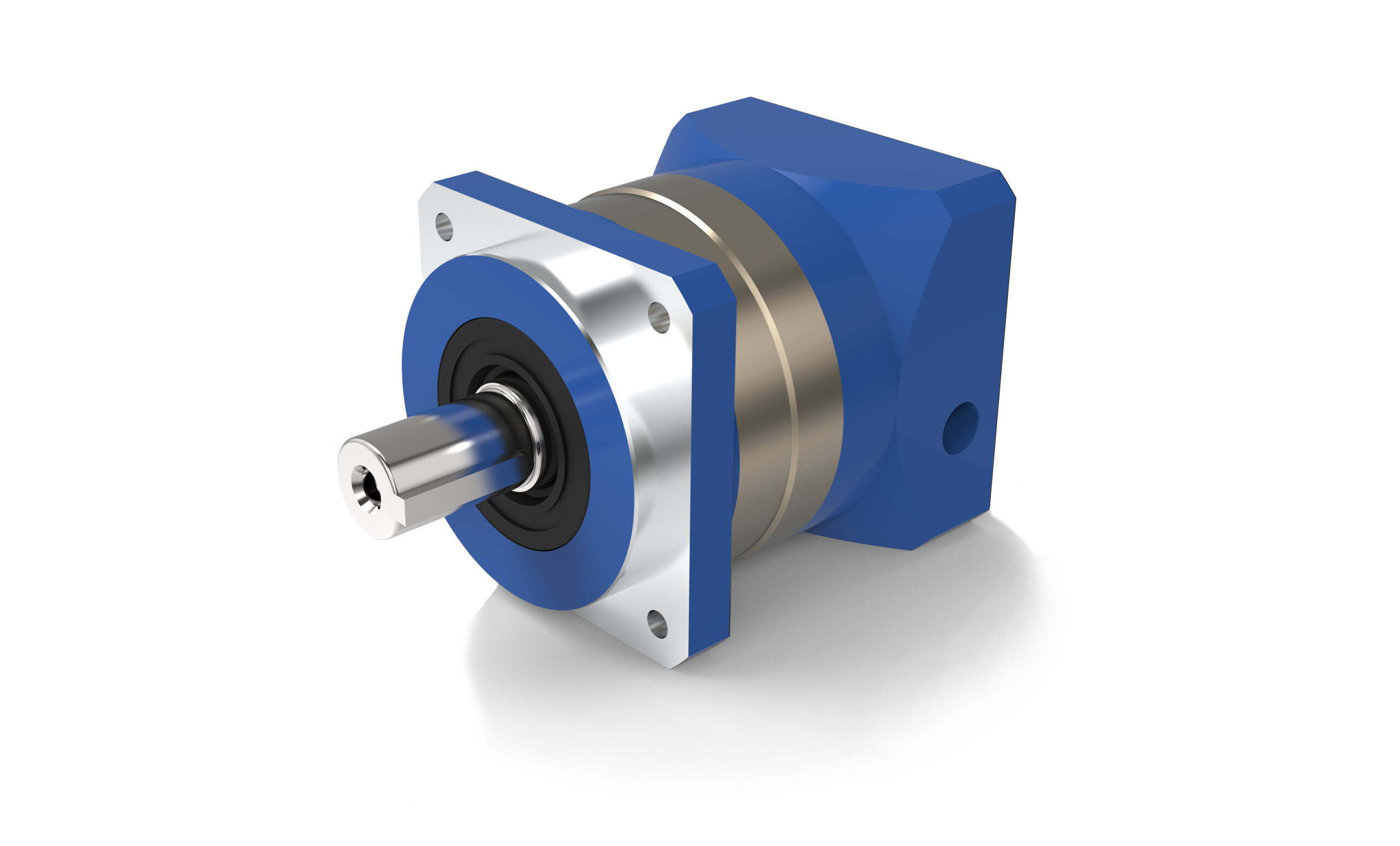A 3D rendering of a blue and silver right-angle planetary gearbox with a square output flange and a smooth output shaft, casting a shadow on a white background.