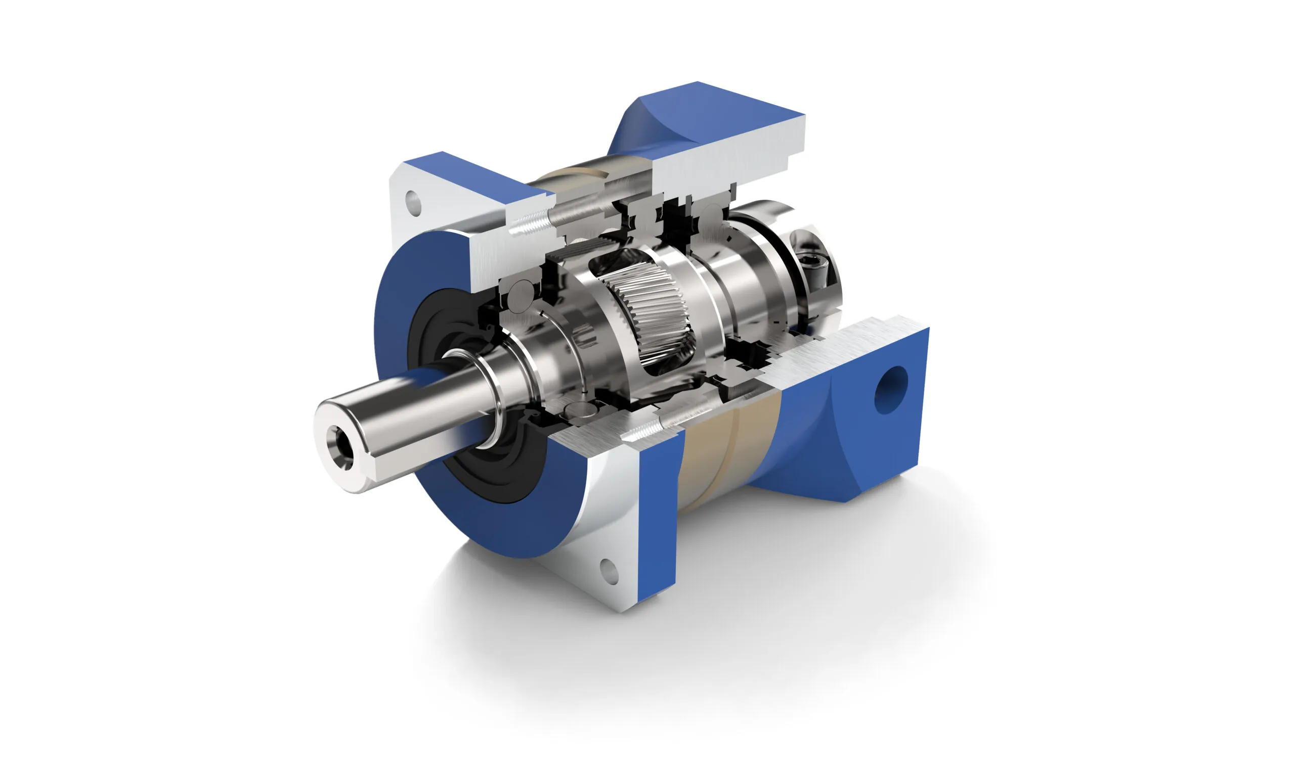 A 3D rendering of a blue and silver right-angle planetary gearbox, cut open to reveal its internal gears, bearings, and shaft, casting a shadow on a white background.