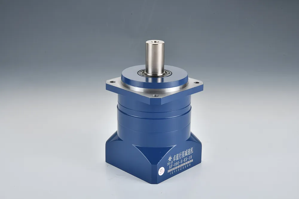 A blue and silver planetary gearbox, model AF-090-5-K5-19, with a smooth output shaft, is centered on a gray background.