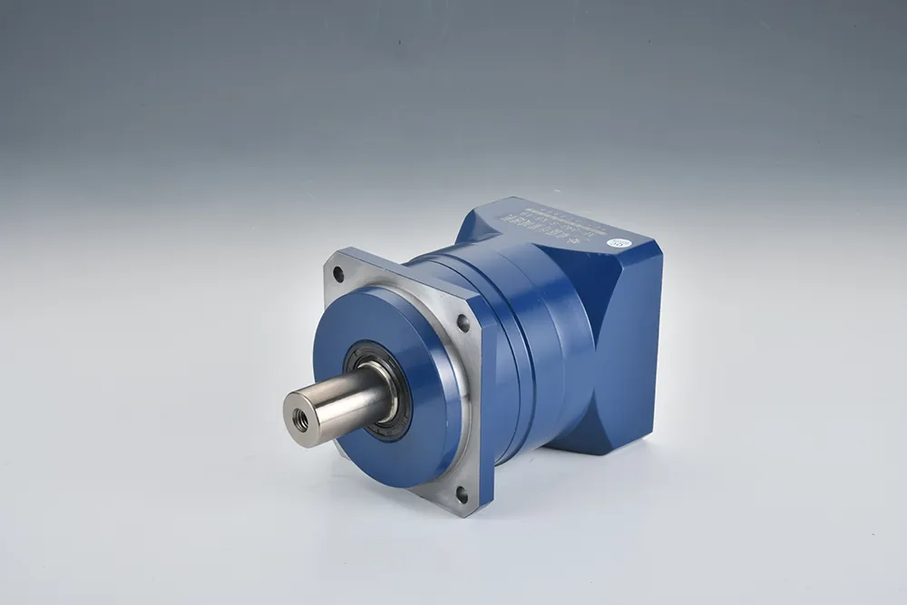 A blue and silver right-angle planetary gearbox, model AF-090-5-K5-19, with a square output flange and a smooth output shaft, is angled on a gray background.