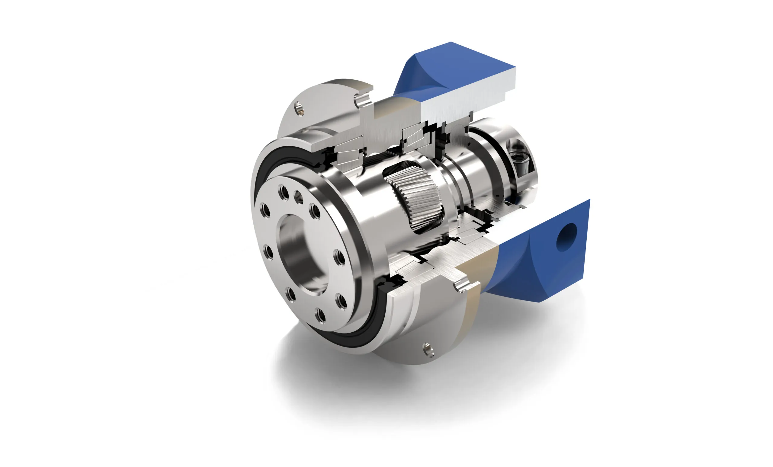 A 3D rendering of a cutaway view of a silver and blue planetary gearbox, revealing internal gears, bearings, and shafts.