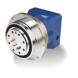 A 3D rendering of a silver and blue planetary gearbox, featuring a circular flange with multiple bolt holes and a blue rectangular housing.