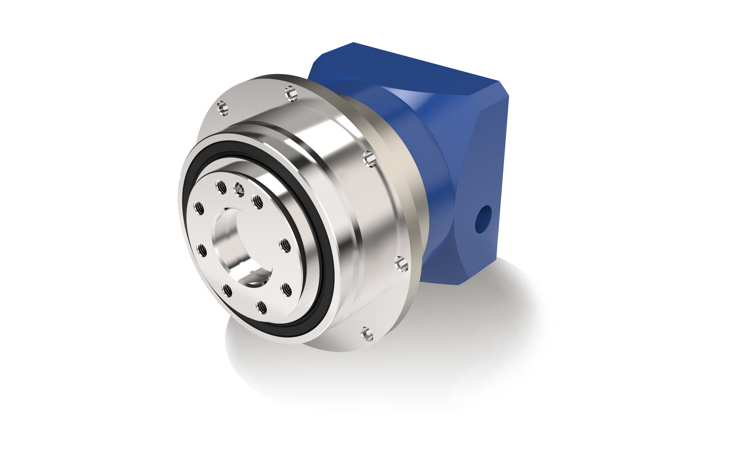 A 3D rendering of a silver and blue planetary gearbox, featuring a circular flange with multiple bolt holes and a blue rectangular housing.