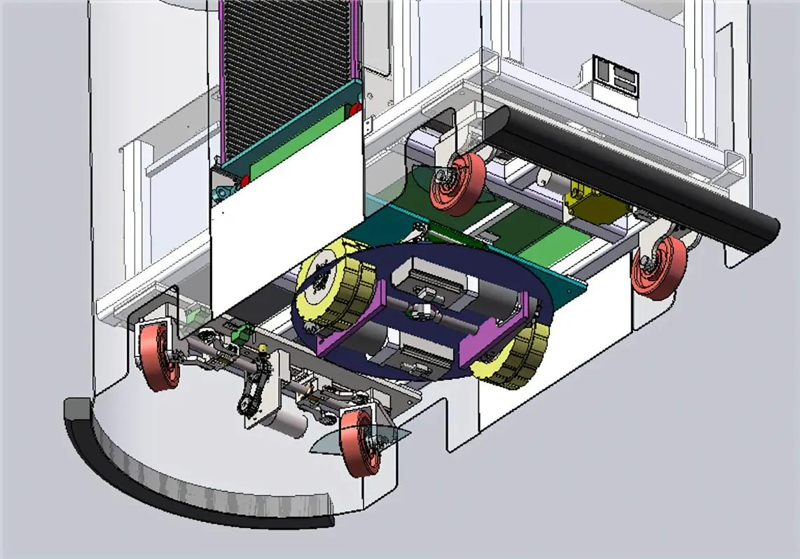 CAD rendering of an automated guided vehicle (AGV) chassis showing the complex undercarriage with drive tracks, caster wheels, and internal components.